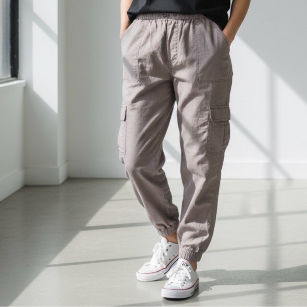 CC California 100% Linen Women’s Cargo Joggers Gray Drawstring Waist M EUC Boho